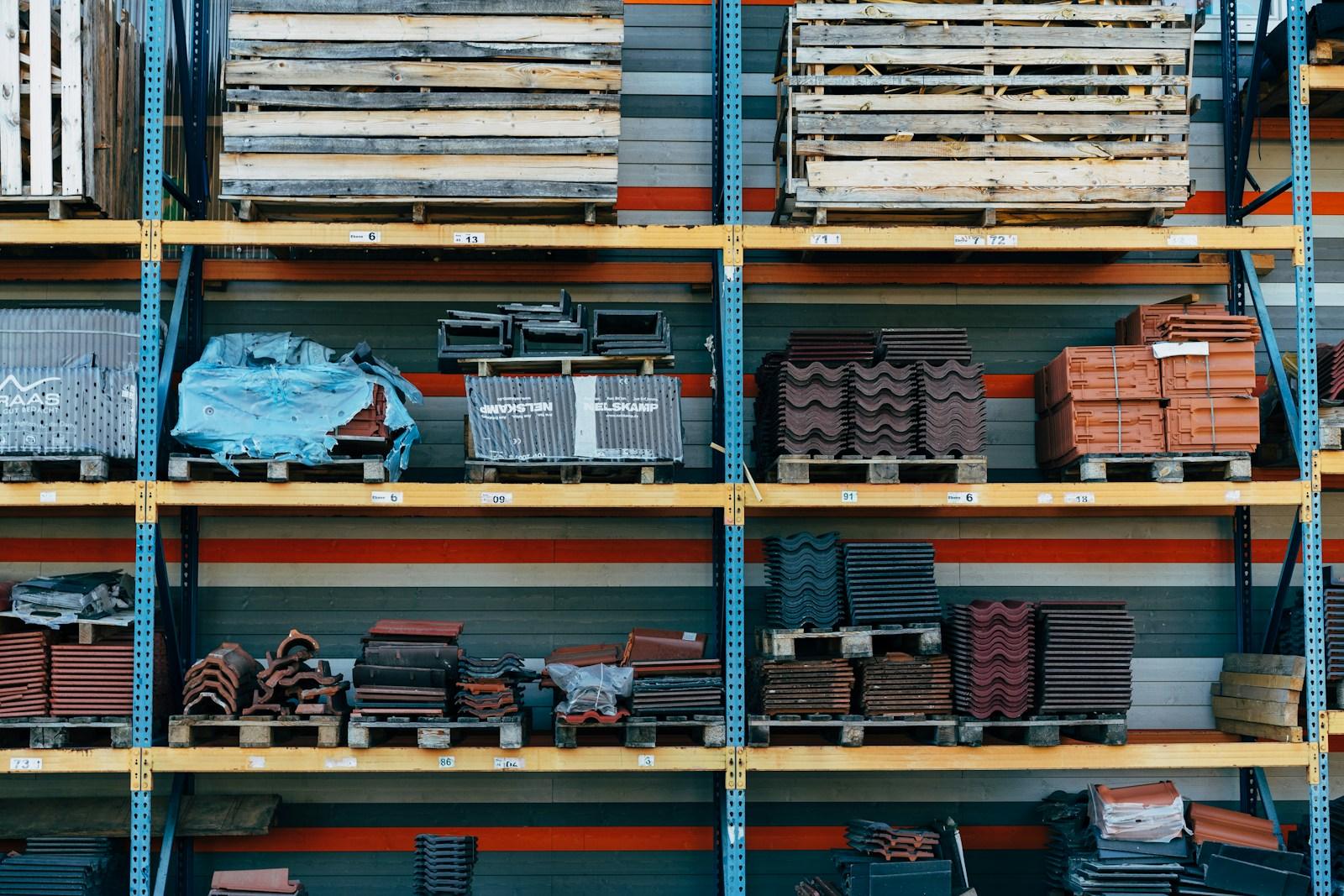 Building materials racked and palletised ready for dispatch