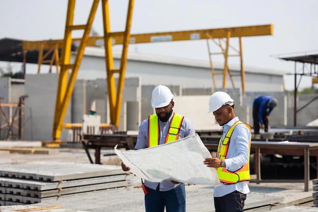 Engineers checking drawings against the works on site