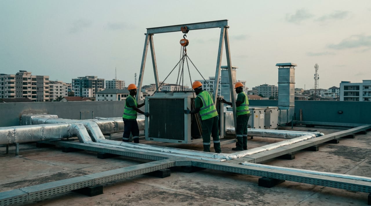 DB Dynamic Gems technicians lifting a rooftop HVAC condenser above the Accra skyline